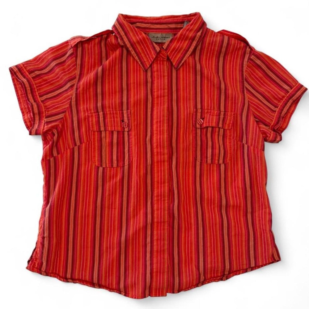 Relaxed Petite Red Striped 100% Cotton Button Up Shirt Short Sleeve